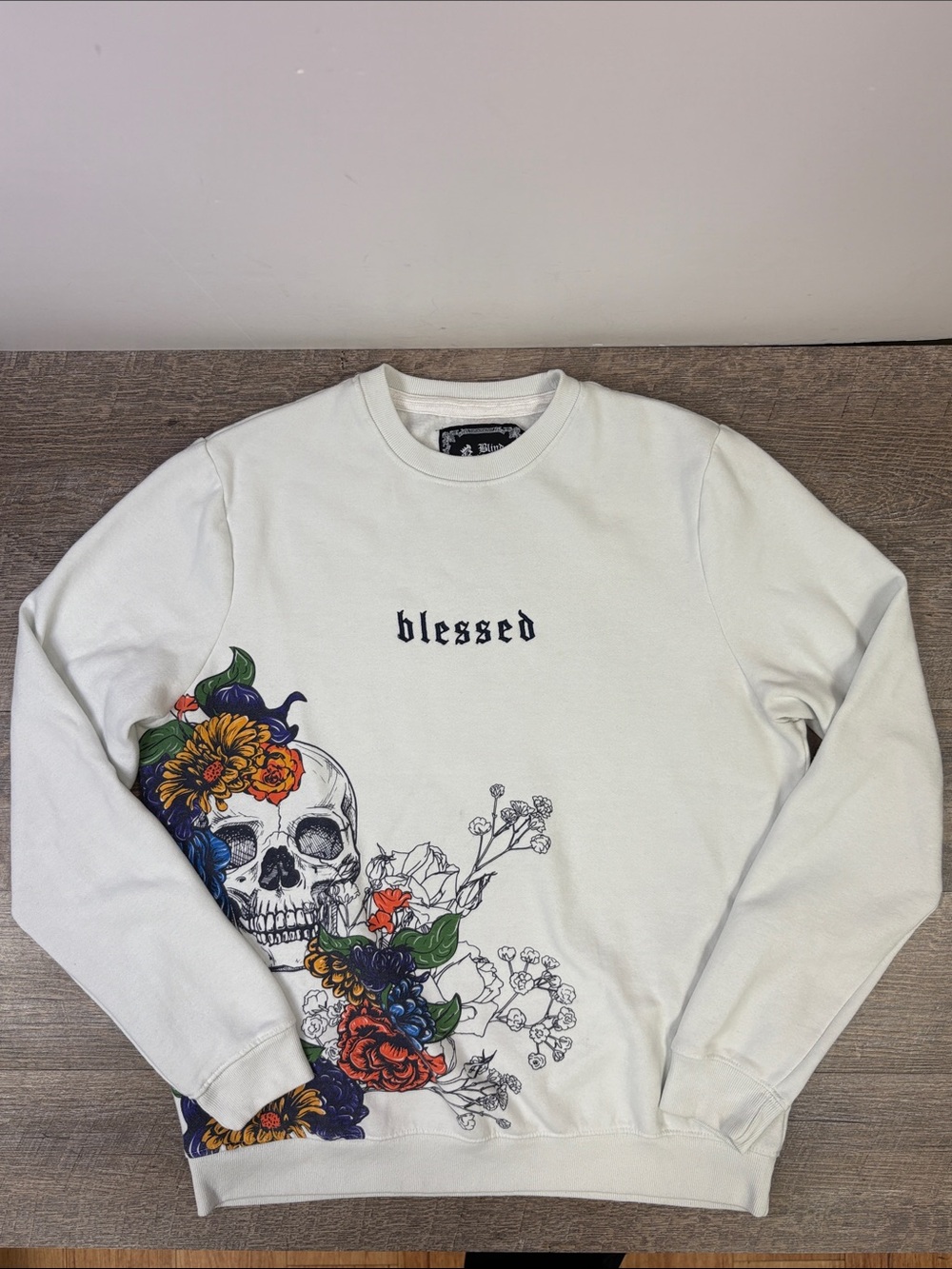 Blind Rooster Blessed Skull Floral Graphic Sweatshirt Size Large